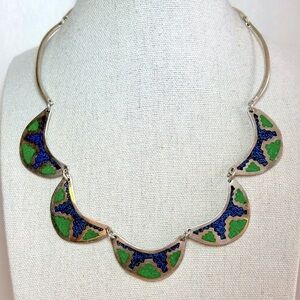 Vintage Alpaca Silver Mexico Crushed Stone Gold Inlay Choker Necklace
